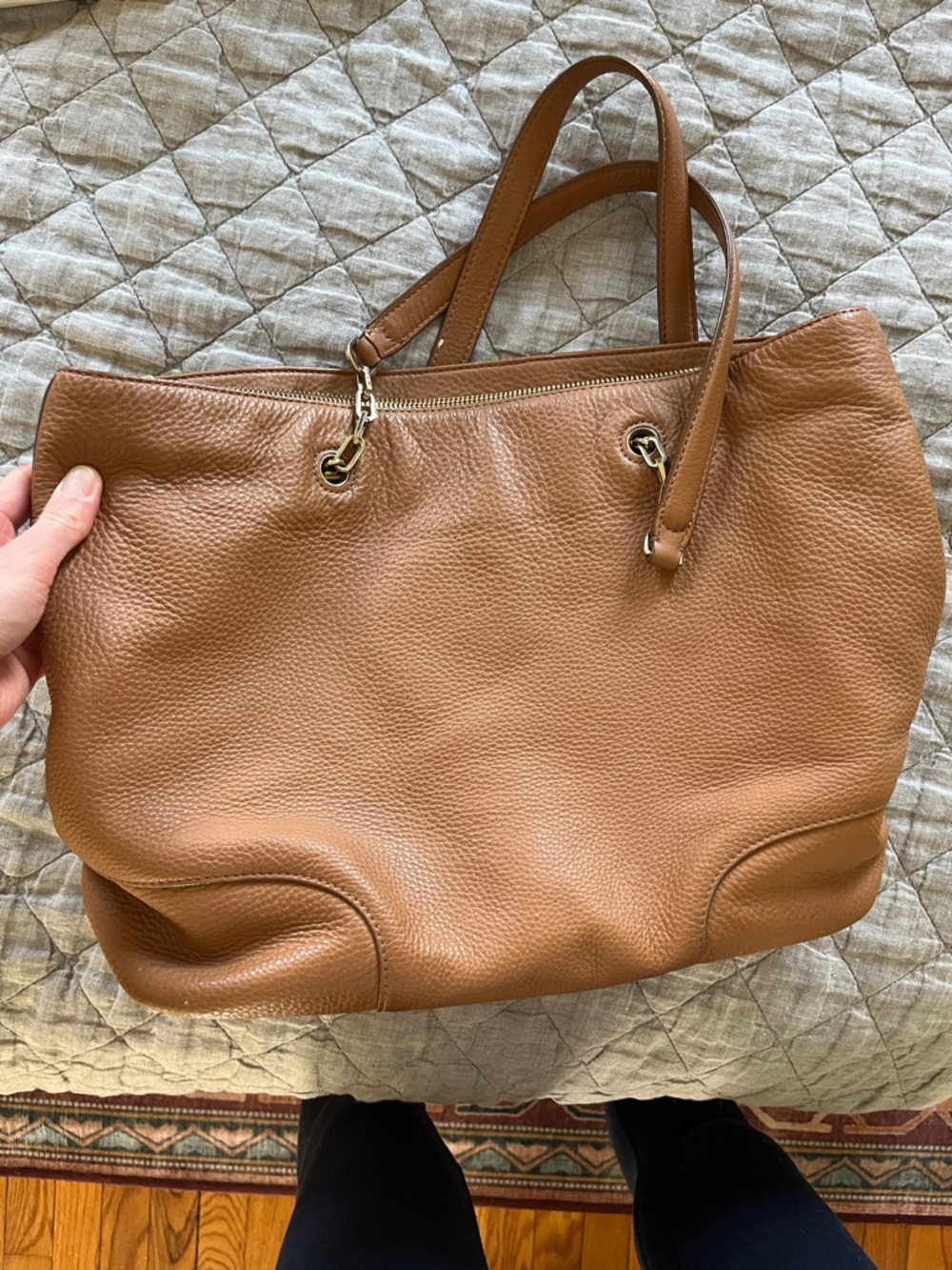 Tory Burch Cognac Pebbled Leather Tote with Gold Logo - Picture 5 of 5